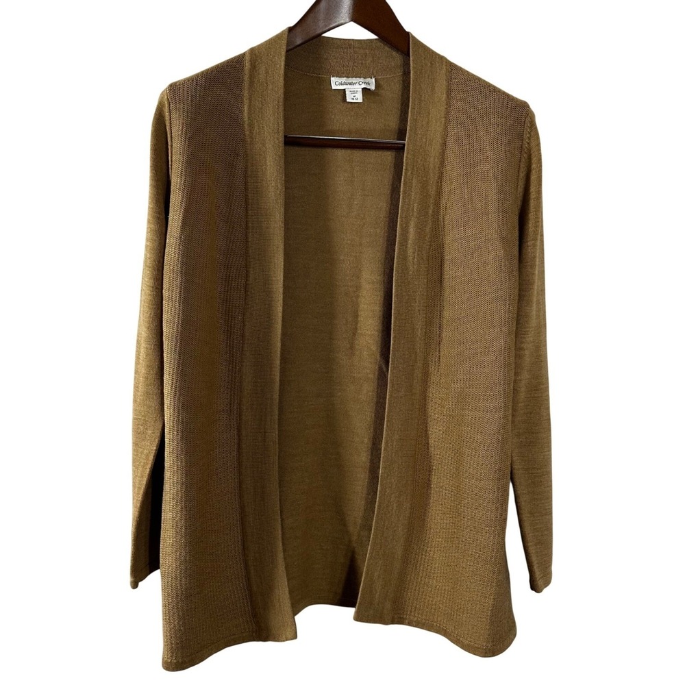 Coldwater Creek Womens M Merino Wool Blend Open Front Cardigan Tan Brown Sweater - Picture 1 of 7